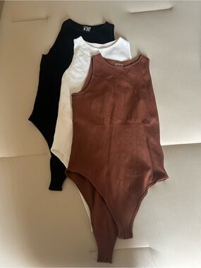 Women’s Ribbed One-Piece Bodysuit - Brown, White & Black